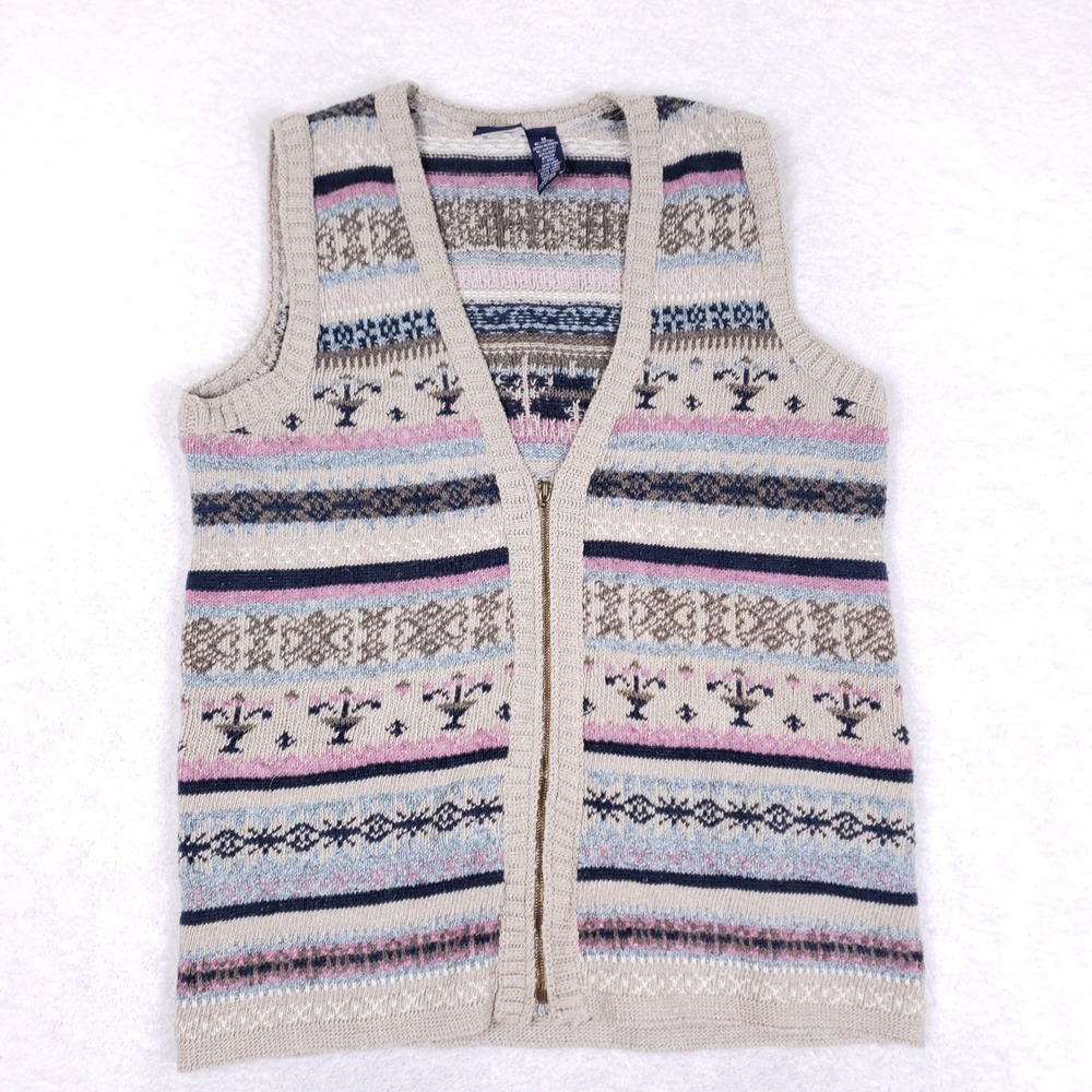Lizsport‎ Vintage Sweater Vest Womens M Full Zip Knit Fair Isle Boho Made USA